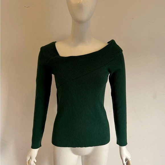 LILLUSORY Womens Rib Knit Sweaters One Shoulder Pullover Top Sweater Green Sz S - Picture 2 of 9